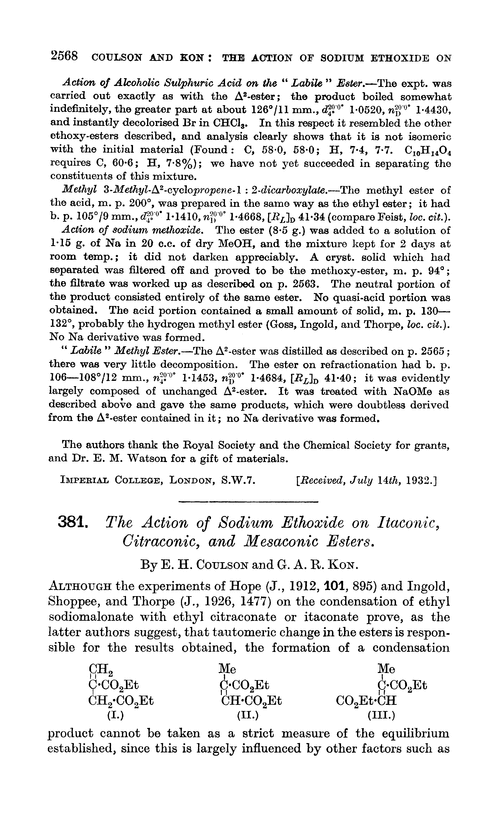 381. The action of sodium ethoxide on itaconic, citraconic, and mesaconic esters