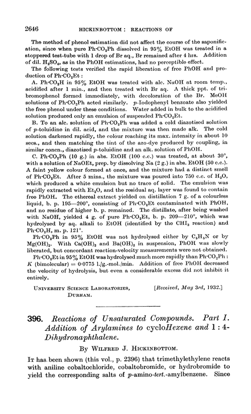 396. Reactions of unsaturated compounds. Part I. Addition of arylamines to cyclohexene and 1 : 4-dihydronaphthalene