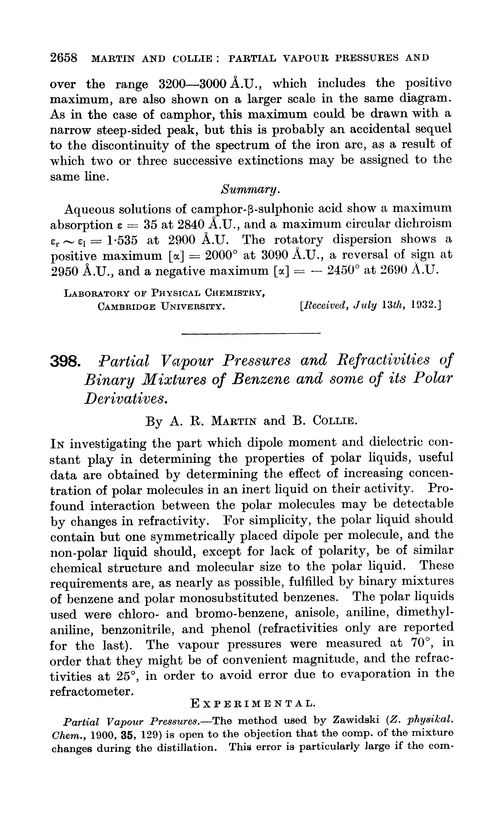 398. Partial vapour pressures and refractivities of binary mixtures of benzene and some of its polar derivatives