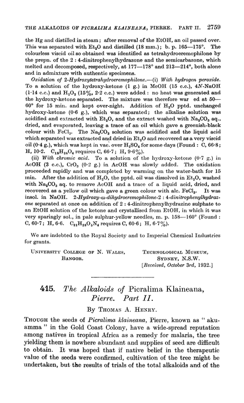 415. The alkaloids of Picralima Klaineana, pierre. Part II