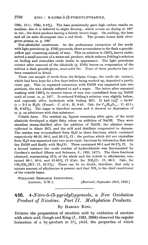416. 4-Nitro-5-(3-pyridyl)pyrazole, a new oxidation product of nicotine. Part II. Methylation products