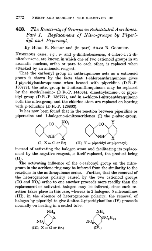 418. The reactivity of groups in substituted acridones. Part I. Replacement of nitro-groups by piperidyl and piperazyl