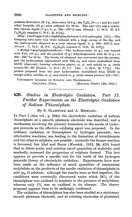 426. Studies in electrolytic oxidation. Part II. Further experiments on the electrolytic oxidation of sodium thiosulphate