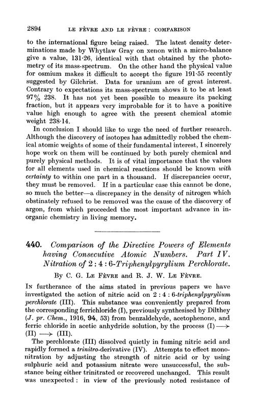 440. Comparison of the directive powers of elements having consecutive atomic numbers. Part IV. Nitration of 2 : 4 : 6-triphenylpyrylium perchlorate