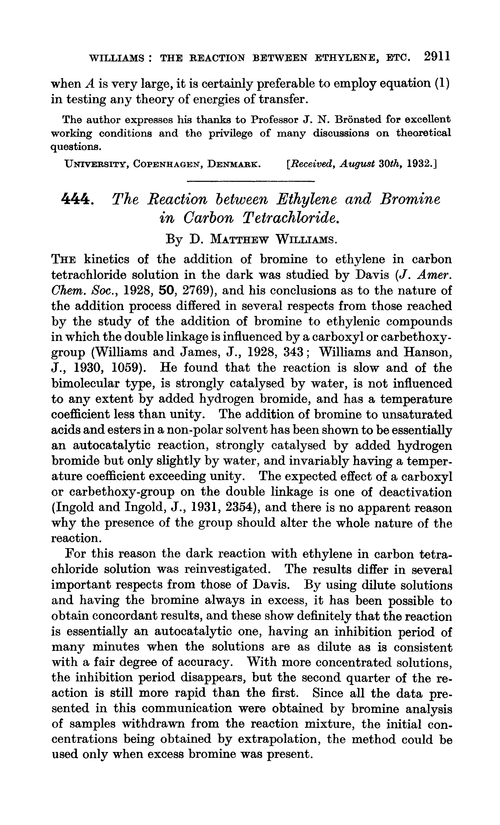 444. The reaction between ethylene and bromine in carbon tetrachloride