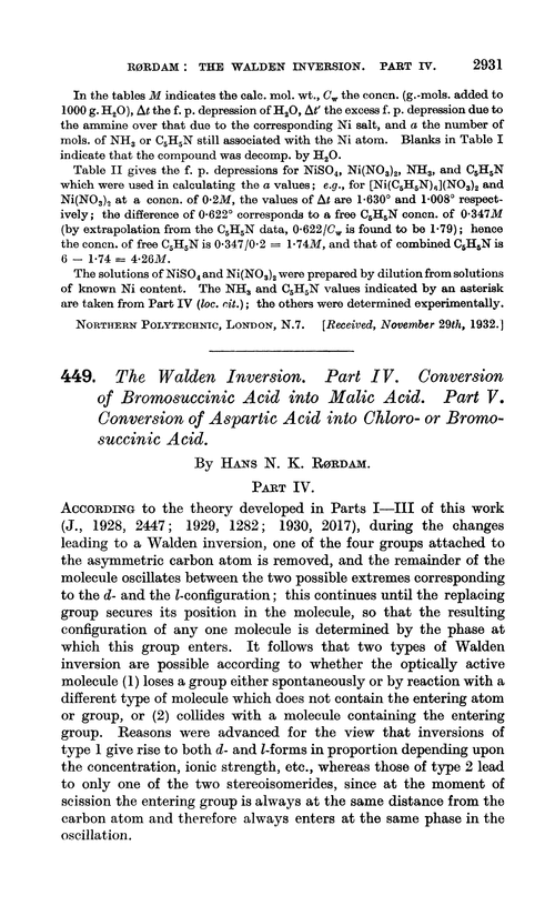 449. The walden inversion. Part IV. Conversion of bromosuccinic acid into malic acid. Part V. Conversion of aspartic acid into chloro- or bromosuccinic acid