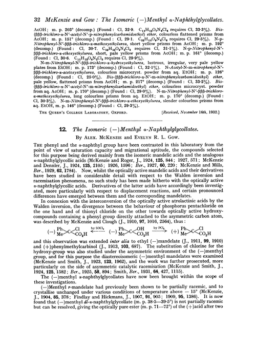 12. The isomeric (–) menthyl α-naphthylglycollates