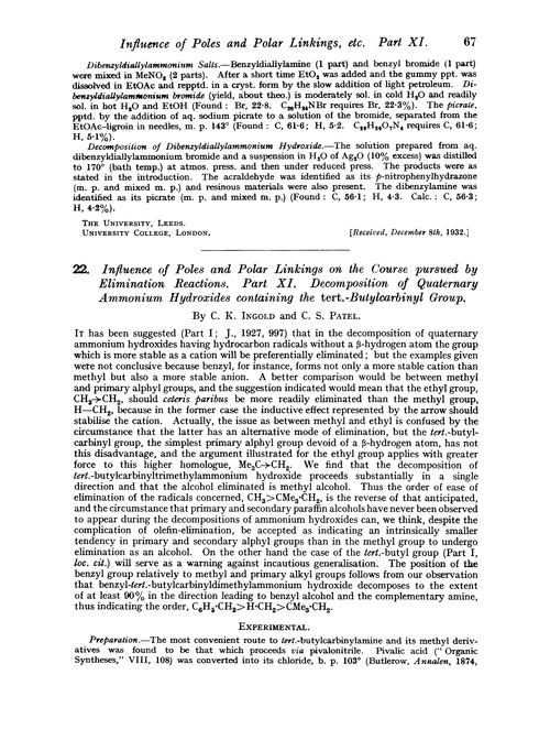 22. Influence of poles and polar linkings on the course pursued by elimination reactions. Part XI. Decomposition of quaternary ammonium hydroxides containing the tert.-butylcarbinyl group