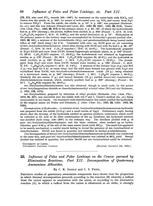 23. Influence of poles and polar linkings on the course pursued by elimination reactions. Part XII. Decomposition of quaternary ammonium alkoxides