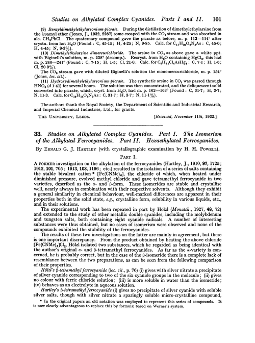 33. Studies on alkylated complex cyanides. Part I. The isomerism of the alkylated ferrocyanides. Part II. Hexaethylated ferrocyanides