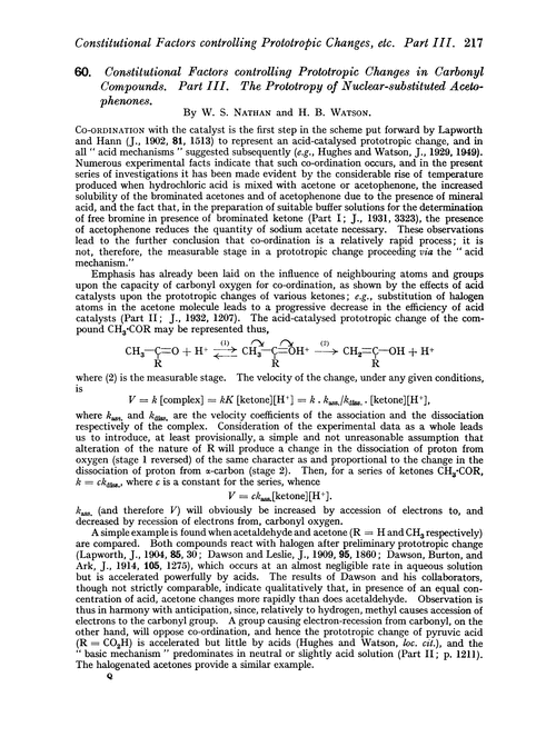 60. Constitutional factors controlling prototropic changes in carbonyl compounds. Part III. The prototropy of nuclear-substituted acetophenones