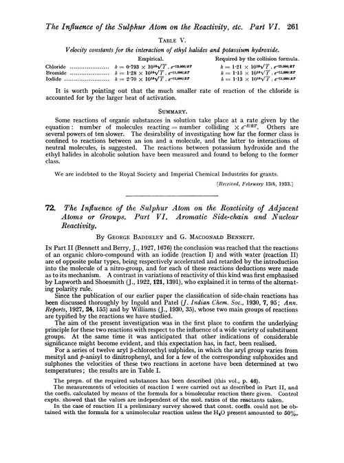 72. The influence of the sulphur atom on the reactivity of adjacent atoms or groups. Part VI. Aromatic side-chain and nuclear reactivity