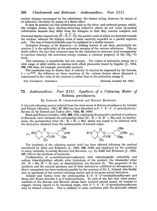 73. Anthoxanthins. Part XIII. Synthesis of a colouring matter of Robinia pseudacacia