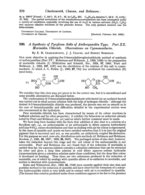100. A synthesis of pyrylium salts of anthocyanidin type. Part XX. Morinidin chloride. Observations on cyanomaclurin
