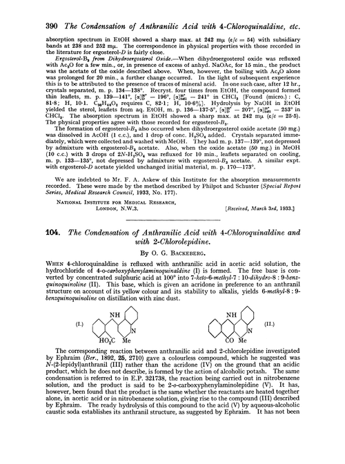 104. The condensation of anthranilic acid with 4-chloroquinaldine and with 2-chlorolepidine