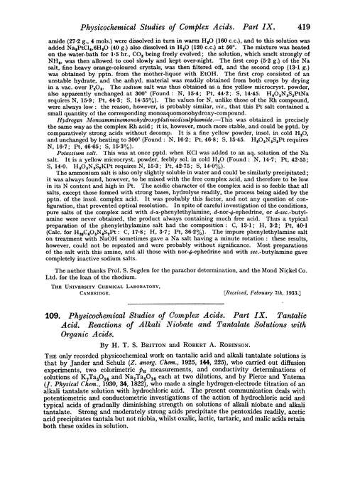 109. Physicochemical studies of complex acids. Part IX. Tantalic acid. Reactions of alkali niobate and tantalate solutions with organic acids
