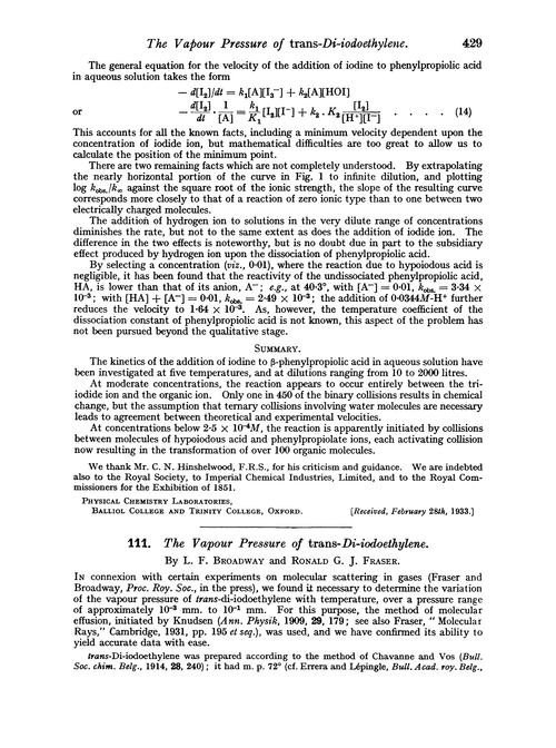 111. The vapour pressure of trans-di-iodoethylene