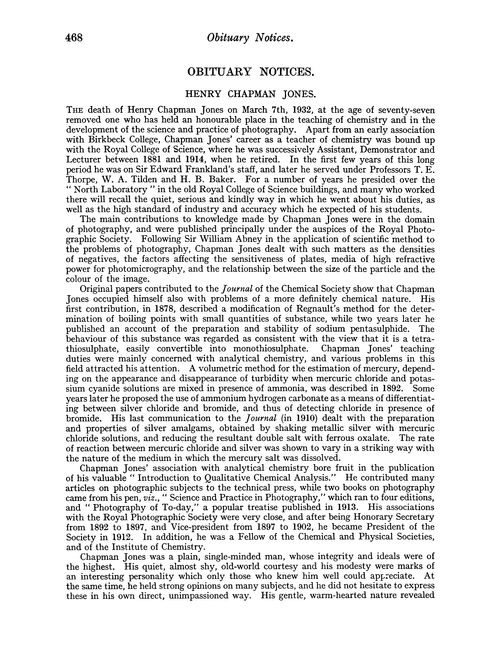 Obituary notices: Henry Chapman Jones; Charles Madock Stuart, 1857–1932; Alfred Rée; Henry Lloyd Snape; Claude Metford Thompson
