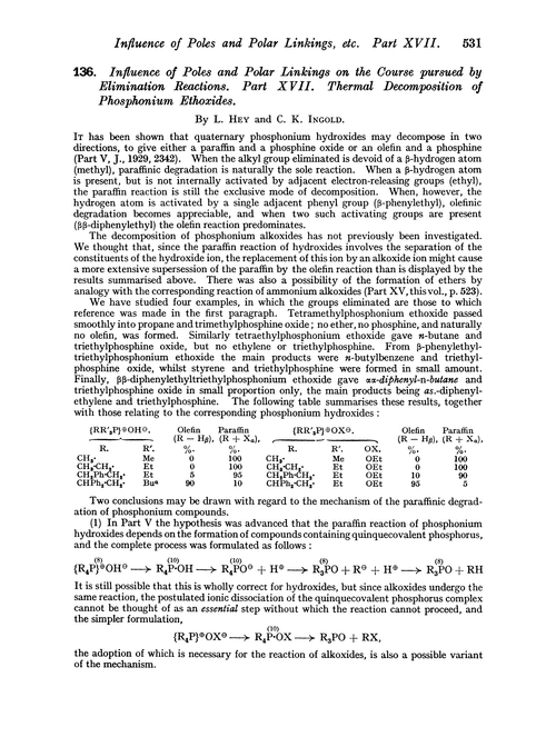 136. Influence of poles and polar linkings on the course pursued by elimination reactions. Part XVII. Thermal decomposition of phosphonium ethoxides