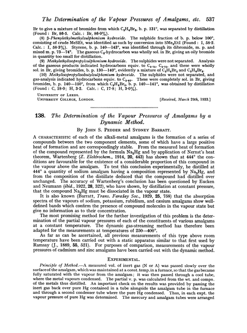 138. The determination of the vapour pressures of amalgams by a dynamic method