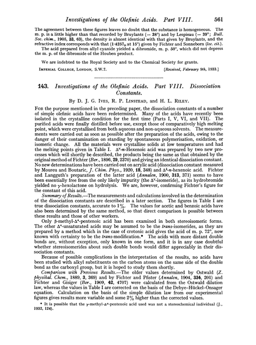 143. Investigations of the olefinic acids. Part VIII. Dissociation constants