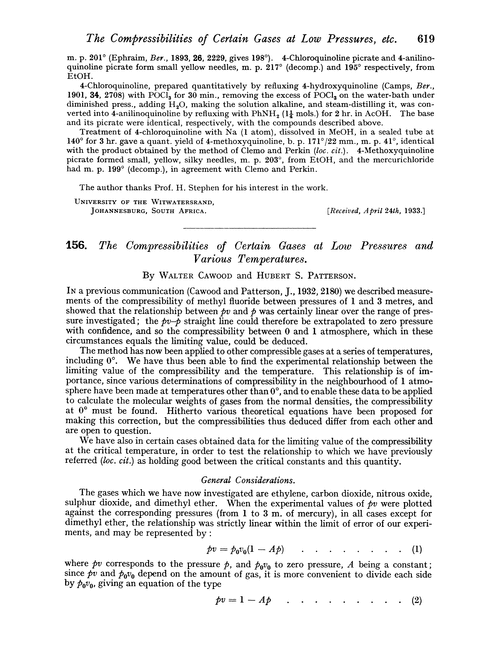 156. The compressibilites of certain gases at low pressures and various temperatures