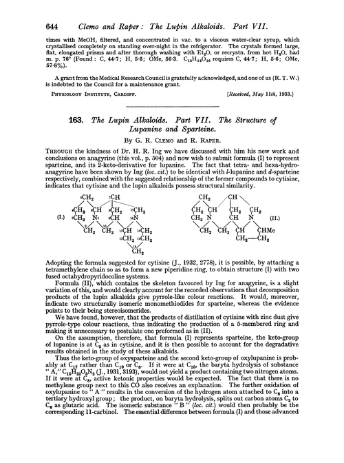 163. The lupin alkaloids. Part VII. The structure of lupanine and sparteine