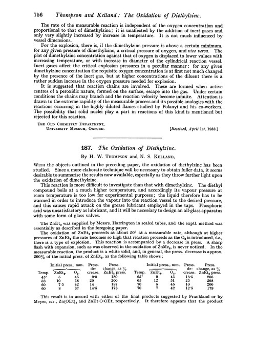 187. The oxidation of diethylzinc