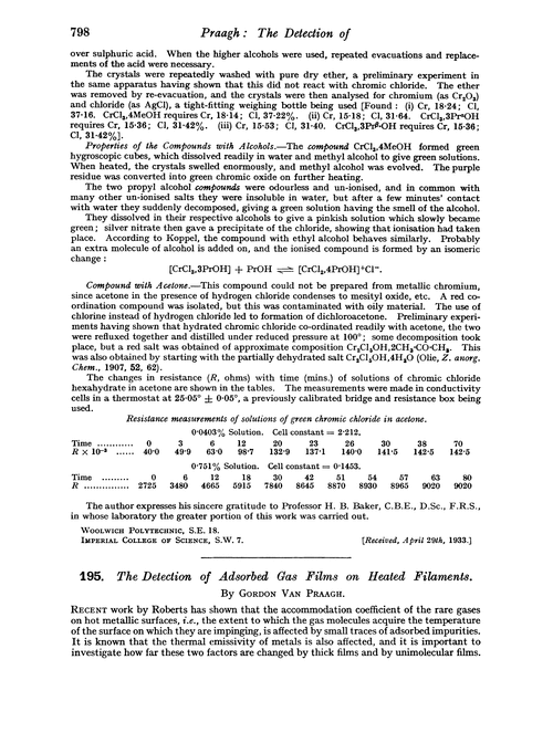 195. The detection of adsorbed gas films on heated filaments