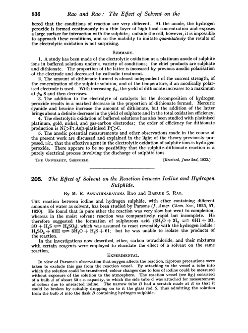 205. The effect of solvent on the reaction between iodine and hydrogen sulphide
