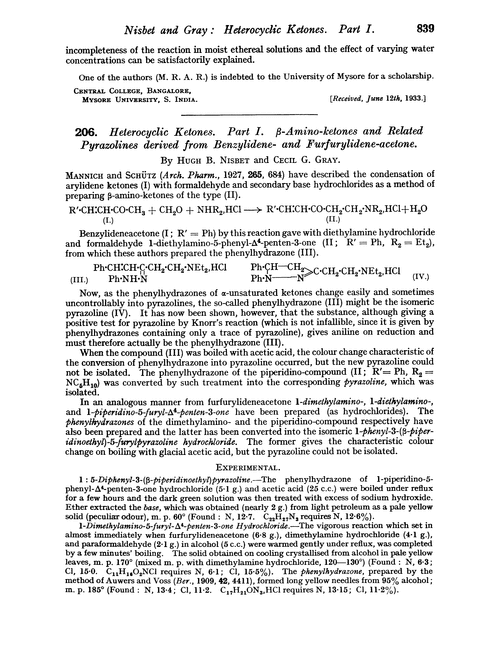 206. Heterocyclic ketones. Part I. β-Amino-ketones and related pyrazolines derived from benzylidene- and furfurylidene-acetone