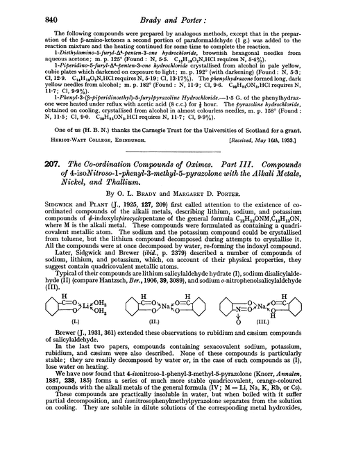 207. The co-ordination compounds of oximes. Part III. Compounds of 4-isonitroso-1-phenyl-3-methyl-5-pyrazolone with the alkali metals, nickel, and thallium