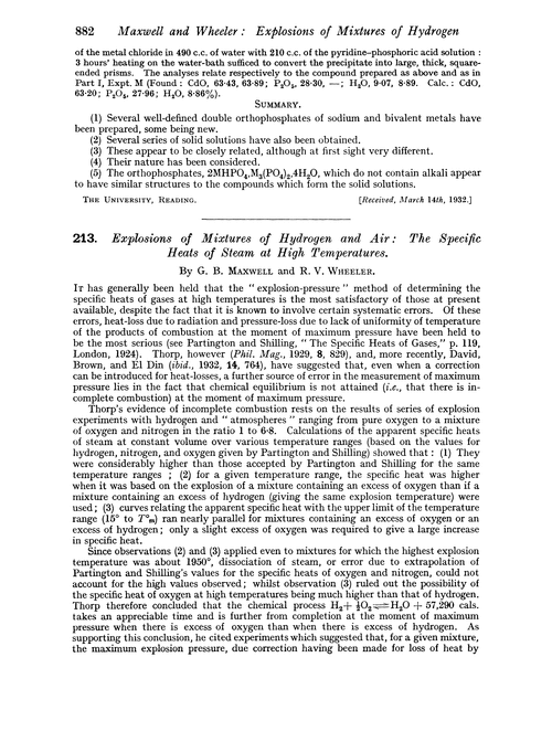 213. Explosions of mixtures of hydrogen and air: the specific heats of steam at high temperatures