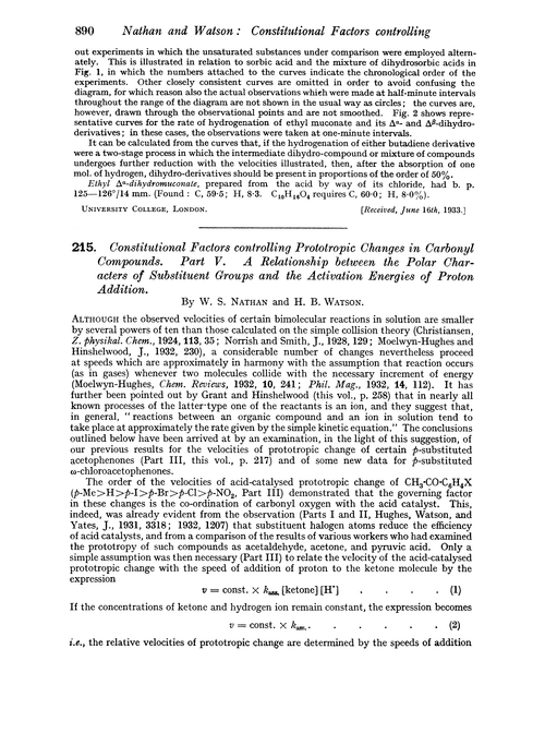 215. Constitutional factors controlling prototropic changes in carbonyl compounds. Part V. A relationship between the polar characters of substituent groups and the activation energies of proton addition