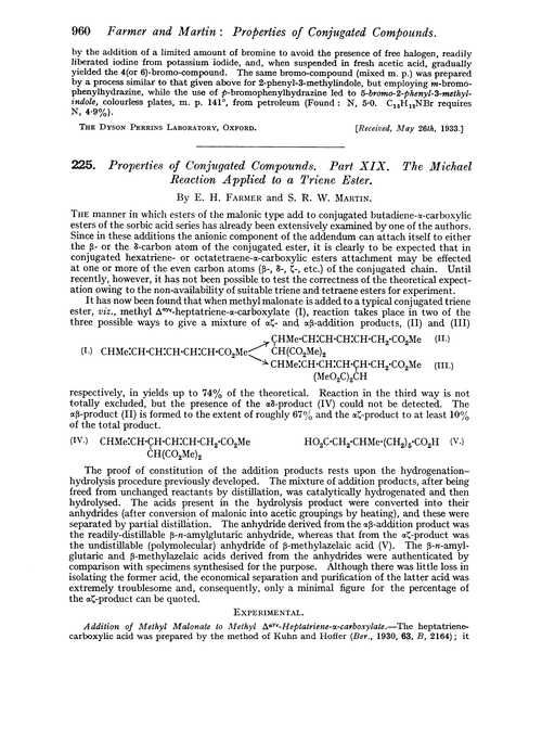 225. Properties of conjugated compounds. Part XIX. The Michael reaction applied to a triene ester