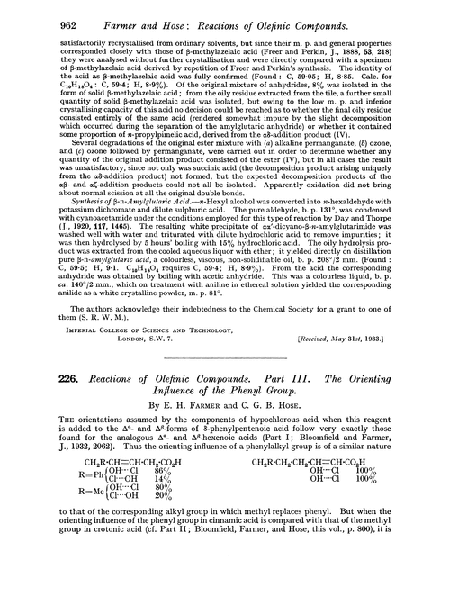 226. Reactions of olefinic compounds. Part III. The orienting influence of the phenyl group