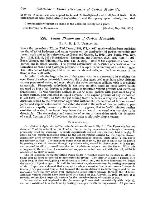 228. Flame phenomena of carbon monoxide