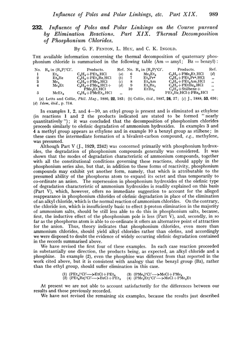 232. Influence of poles and polar linkings on the course pursued by elimination reactions. Part XIX. Thermal decomposition of phosphonium chlorides