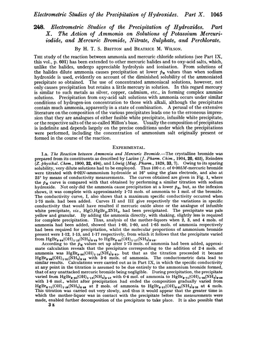 248. Electrometric studies of the precipitation of hydroxides. Part X. The action of ammonia on solutions of potassium mercuriodide, and mercuric bromide, nitrate, sulphate, and perchlorate