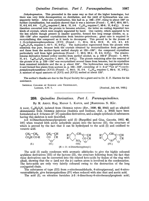 259. Quinoline derivatives. Part I. Furanoquinolines