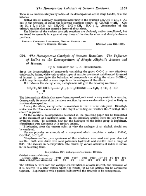 271. The homogeneous catalysis of gaseous reactions. The influence of iodine on the decomposition of simple aliphatic amines and of hexane