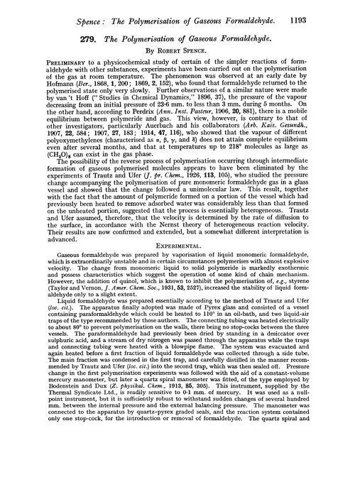 279. The polymerisation of gaseous formaldehyde