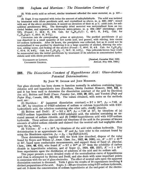 281. The dissociation constant of hypochlorous acid: glass-electrode potential determinations