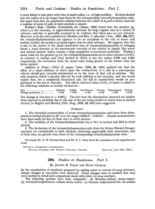 284. Studies in emulsions. Part I