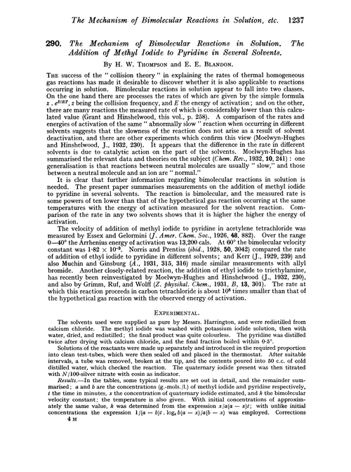 290. The mechanism of bimolecular reactions in solution. The addition of methyl iodide to pyridine in several solvents