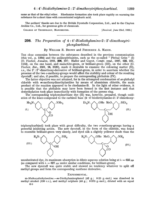 298. The preparation of 4 : 4′-bisdiethylamino-2 : 2′-dimethoxytri-phenylcarbinol