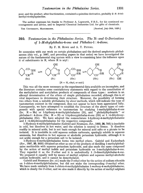 310. Tautomerism in the phthalazine series. The N- and O-derivatives of 1-methylphthalaz-4-one and phthalaz-1 : 4-dione