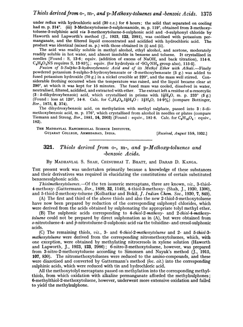321. Thiols derived from o-, m-, and p-methoxy-toluenes and -benzoic acids