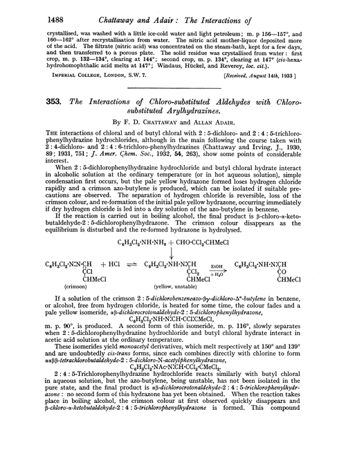 353. The interactions of chloro-substituted aldehydes with chlorosubstituted arylhydrazines