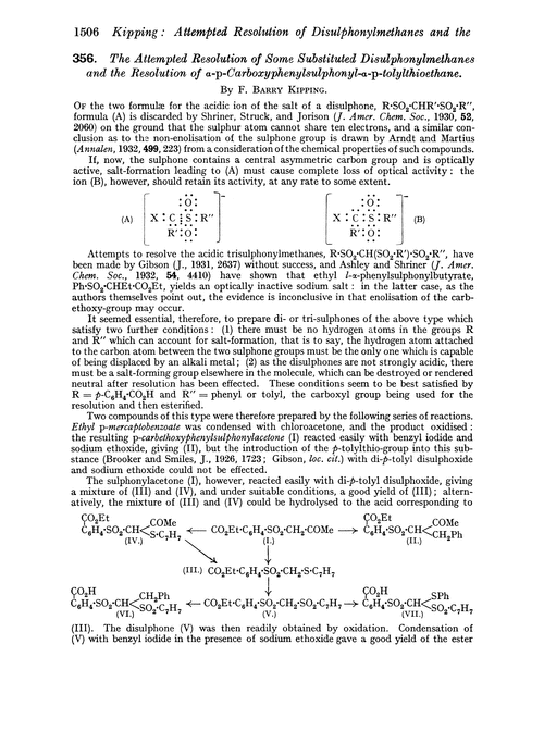 356. The attempted resolution of some substituted disulphonylmethanes and the resolution of α-p-carboxyphenylsulphonyl-α-p-tolylthioethane